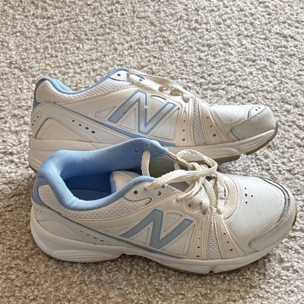 New Balance White and Light Blue Sneakers